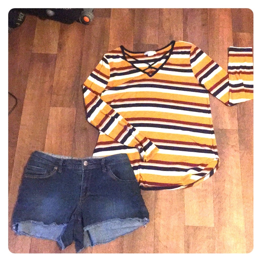 Multicolored Striped Top and Jean Shorts